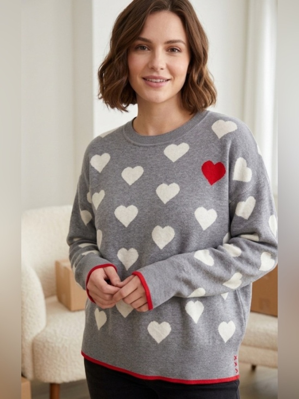 Scotch & Soda Gray Heart Print Sweater with Red Accents Size Large